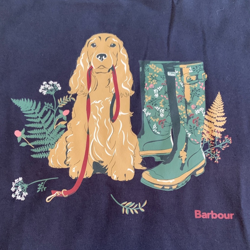 GRAPHIC T-SHIRT:  Barbour Dark Blue Top with Dog and Boots Design - Picture 5 of 6